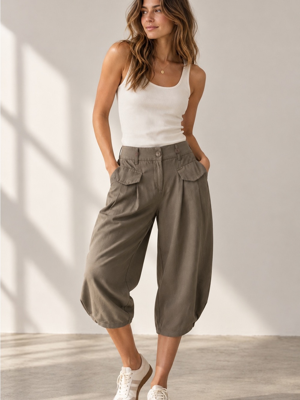 Barrel Leg Taupe Crop Pants Utility Pocket Trousers Y2K Minimalist